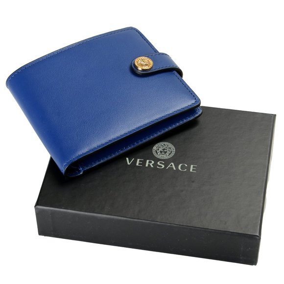 Versace Men's Royal Blue 100% Leather Gold Medusa Bifold Wallet